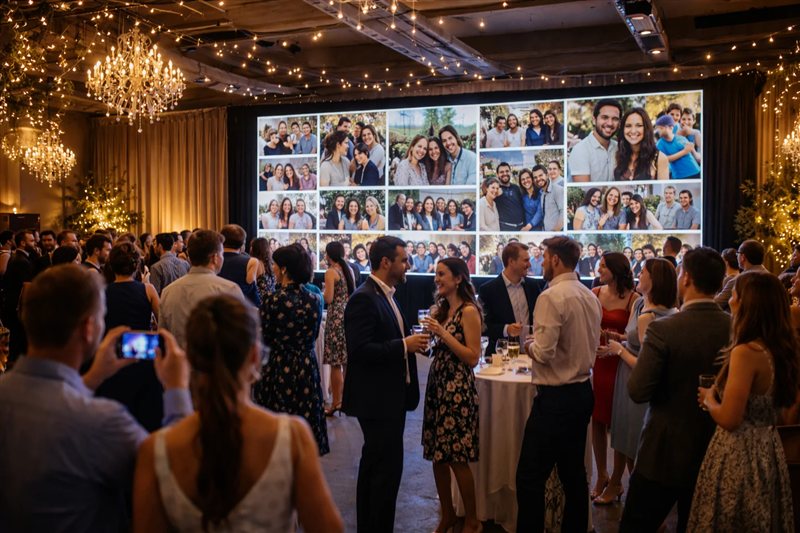 Eventsaal mit großer Leinwand, auf der eine Collage frischer Fotobox-Bilder läuft