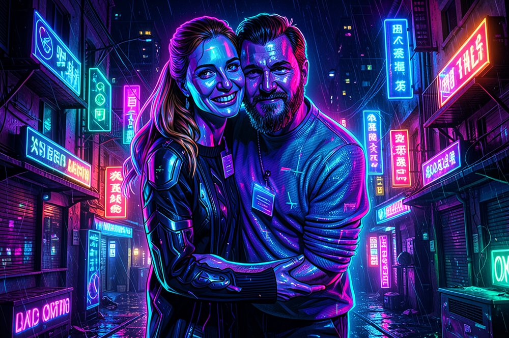 Paar im Cyberpunk-Look mit Neonlicht